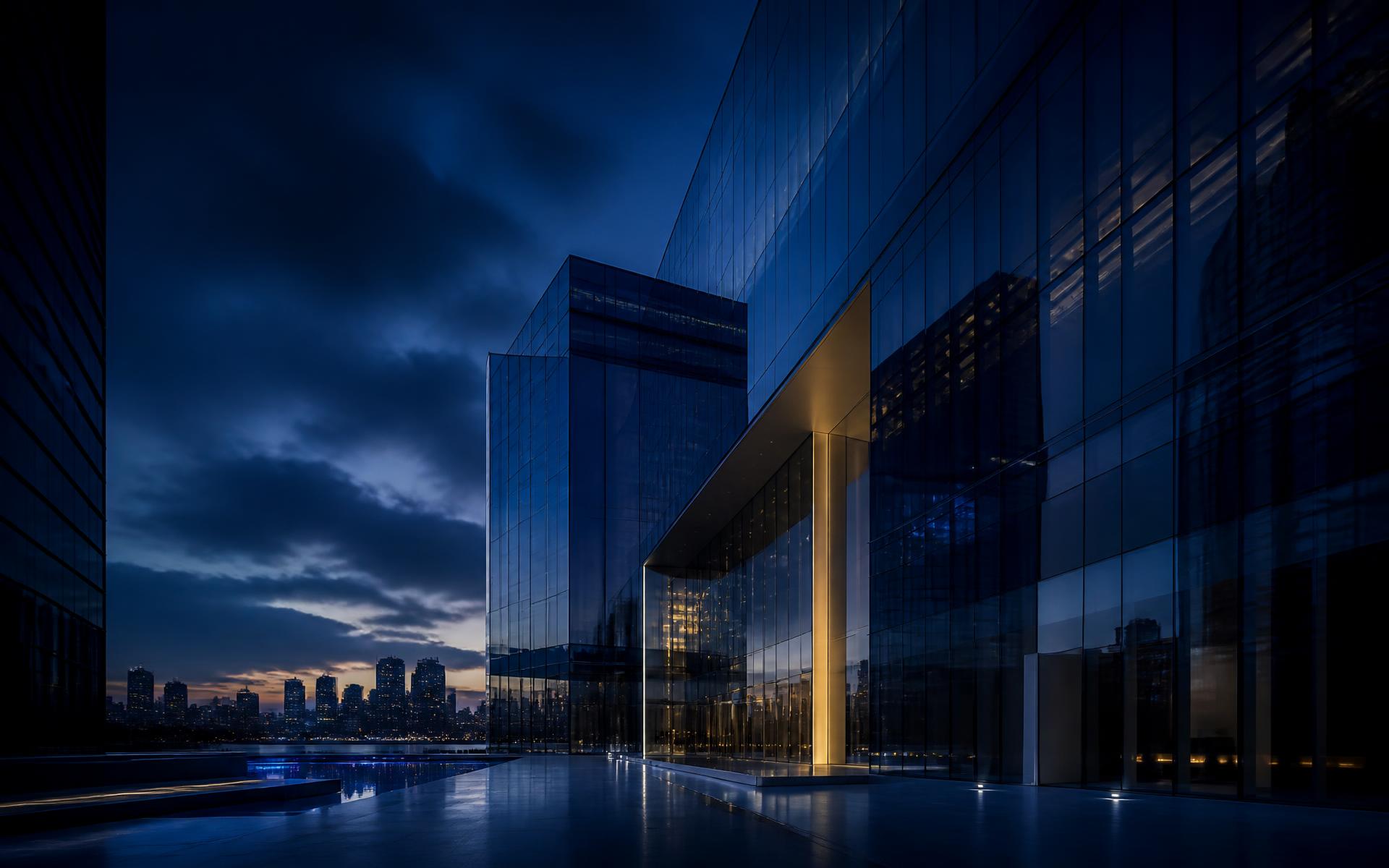 Glass headquarters of an international corporate group at dusk
